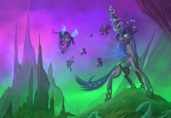 Size: 4992x3456 | Tagged: safe, artist:envidia14, queen chrysalis, changeling, changeling queen, g4, absurd resolution, artifact, changeling hive, changeling kingdom, changeling swarm, crown, featured image, female, flying, glowing horn, hive, horn, jewelry, male, outdoors, regalia, scenery, smiling, spire, swarm