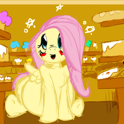 Size: 700x700 | Tagged: safe, artist:envy, fluttershy, pegasus, pony, g4, blushing, cake, fat, fattershy, female, mare, sitting, solo