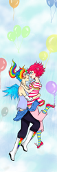 Size: 640x1920 | Tagged: safe, artist:chibiqueen-anna, pinkie pie, rainbow dash, human, g4, balloon, bandaid, clothes, eared humanization, eye contact, female, hug, humanized, lesbian, looking at each other, ship:pinkiedash, shipping, socks, striped socks, winged humanization, wings