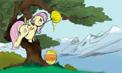 Size: 1232x738 | Tagged: safe, artist:envy, fluttershy, bee, pegasus, pony, g4, beehive, fat, fattershy, female, floppy ears, honey, honey dipper, jar, mare, mouth hold, obese, smiling, solo, tree