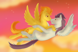 Size: 1200x800 | Tagged: safe, artist:cartoonlion, soarin', spitfire, pegasus, pony, g4, eye contact, female, flying, looking at each other, male, mare, ship:soarinfire, shipping, sky, smiling, stallion, straight