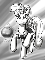 Size: 669x900 | Tagged: safe, artist:mew, allie way, pony, unicorn, g4, abstract background, bowling ball, female, glowing horn, horn, magic, mare, monochrome, solo, tail wrap, telekinesis, tongue out