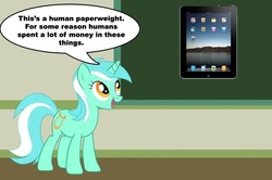 Size: 887x588 | Tagged: safe, lyra heartstrings, pony, unicorn, g4, apple (company), chalkboard, female, human studies101 with lyra, ipad, mare, meme, paperweight, solo