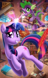 Size: 743x1200 | Tagged: safe, artist:mew, spike, twilight sparkle, dragon, pony, unicorn, g4, book, female, golden oaks library, library, magic, male, mare, quill, scroll