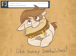 Size: 1024x764 | Tagged: safe, artist:pashapup, pipsqueak, earth pony, pony, ask pipsqueak the pirate, g4, ask, colt, floppy ears, food, honey, male, mouth hold, no pupils, sandwich, solo