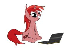 Size: 1600x1200 | Tagged: artist needed, safe, oc, oc only, pony, unicorn, computer, dz, female, foros dz, laptop computer, mare, ponified, simple background, sitting, solo, transparent background