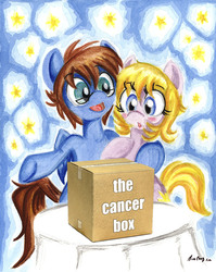Size: 1737x2185 | Tagged: safe, artist:misschang, edit, oc, oc only, earth pony, pegasus, pony, :o, bipedal, blushing, cancer, cancer box, earth pony oc, female, glasses, hug, mare, open mouth, pegasus oc, smiling, the cancer box, underhoof, wide eyes