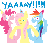 Size: 500x440 | Tagged: dead source, safe, artist:cartoonlion, fluttershy, pinkie pie, rainbow dash, earth pony, pegasus, pony, g4, animated, female, flutterdashpie, gif, hat, mare, no pupils, party hat, simple background, white background, yay