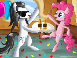 Size: 600x450 | Tagged: safe, artist:jrenon, pinkie pie, earth pony, pony, g4, andrew w.k., balloon, bipedal, bottle, dancing, duo, female, male, mare, ponified, stallion, sunglasses