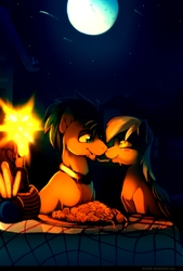 Size: 890x1314 | Tagged: safe, artist:si1vr, derpy hooves, doctor whooves, time turner, earth pony, pegasus, pony, g4, candle, disney, duo, eye contact, female, food, lady and the tramp, looking at each other, male, mare, moon, night, parody, pasta, scene parody, ship:doctorderpy, shipping, sitting, spaghetti, spaghetti scene, stallion, straight