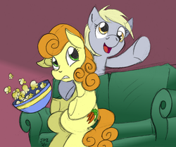 Size: 800x666 | Tagged: safe, artist:elosande, artist:pacce, carrot top, derpy hooves, golden harvest, earth pony, pegasus, pony, g4, couch, duo, duo female, female, food, mare, popcorn, sitting