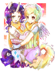 Size: 497x653 | Tagged: safe, artist:pasuteru-usagi, rainbow dash, rarity, human, g4, abstract background, female, horn, horned humanization, hug, humanized, lesbian, ship:raridash, shipping, tailed humanization, winged humanization, wings