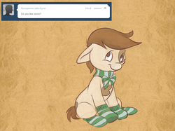 Size: 1024x764 | Tagged: safe, artist:pashapup, pipsqueak, earth pony, pony, ask pipsqueak the pirate, g4, ask, bow, clothes, colt, floppy ears, male, no pupils, sitting, smiling, socks, solo, striped socks