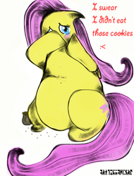 Size: 447x588 | Tagged: safe, artist:anquietaspony, fluttershy, pegasus, pony, g4, blatant lies, cookie, crumbs, crying, fat, fattershy, female, mare, solo