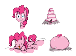 Size: 1000x738 | Tagged: safe, artist:lowkey, pinkie pie, earth pony, pony, g4, 4 panel comic, belly, belly bed, big belly, cake, comic, eating, female, impossible fit, impossibly large belly, inflation, mare, pudgy pie, solo, stuffed belly, stuffing