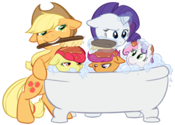 Size: 1000x717 | Tagged: safe, artist:php27, apple bloom, applejack, rarity, scootaloo, sweetie belle, earth pony, pegasus, pony, unicorn, g4, bath, bath brush, bathtub, brush, claw foot bathtub, cutie mark crusaders, female, filly, floppy ears, forced bathing, mare, mouth hold, sap, simple background, transparent background