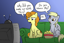 Size: 900x617 | Tagged: safe, artist:elosande, carrot top, derpy hooves, golden harvest, earth pony, pegasus, pony, g4, colored, couch, duo, duo female, female, gradient background, mare, popcorn, sitting, television