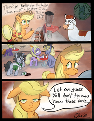 Size: 516x666 | Tagged: safe, artist:obsequiosity, applejack, jet set, lyrica lilac, ponet, primrose, cow, earth pony, pony, sea pony, unicorn, g4, accent, background pony, cafe, comic, cow tipping, female, greatest internet moments, male, mare, pun, shocked, spill, spilled drink, stallion, stealth pun, tipping, y'all
