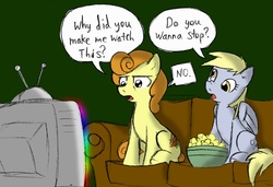 Size: 900x617 | Tagged: safe, artist:elosande, carrot top, derpy hooves, golden harvest, earth pony, pegasus, pony, g4, colored, couch, female, mare, popcorn, sitting, television