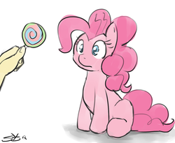 Size: 1100x900 | Tagged: safe, artist:speccysy, pinkie pie, earth pony, human, pony, g4, cute, diapinkes, eyes on the prize, female, hand, lollipop, mare, sitting, solo focus