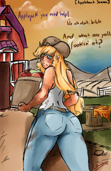 Size: 648x1000 | Tagged: safe, artist:sundown, applejack, human, applebuck season, g4, annoyed, applebucking thighs, bags under eyes, barn, clothes, dirty, female, humanized, jeans, looking at you, pants, rear view, solo, tank top, tired