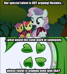 Size: 480x535 | Tagged: safe, edit, edited screencap, screencap, apple bloom, scootaloo, sweetie belle, earth pony, pegasus, pony, unicorn, g4, stare master, 4chan, cape, clothes, cmc cape, cutie mark, cutie mark crusaders, female, filly, image macro, meta