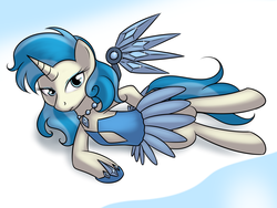 Size: 1920x1440 | Tagged: safe, artist:kloudmutt, allie way, pony, unicorn, g4, alternate hairstyle, artificial wings, augmented, clothes, dress, female, mare, mechanical wing, necklace, on side, solo, wings