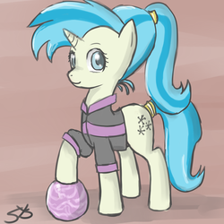 Size: 900x900 | Tagged: dead source, safe, artist:speccysy, allie way, pony, unicorn, g4, bowling ball, clothes, female, mare, solo, tail wrap