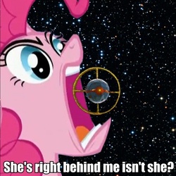 Size: 450x450 | Tagged: safe, pinkie pie, earth pony, pony, g4, clash of hasbro's titans, duo, female, forever, image macro, macro, mare, meme, open mouth, space, stars, transformers, unicron