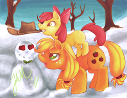 Size: 3300x2550 | Tagged: safe, artist:jabbym, apple bloom, applejack, earth pony, pony, g4, apple, apple bloom riding applejack, apple sisters, duo, female, filly, foal, hat, high res, mare, mouth hold, ponies riding ponies, riding, siblings, sisters, snow, snowman