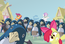 Size: 664x447 | Tagged: safe, apple bloom, scootaloo, sweetie belle, earth pony, pegasus, pony, unicorn, g4, crossover, cutie mark crusaders, disgaea, female, filly, ponyville, prinny