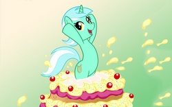 Size: 1600x999 | Tagged: safe, artist:madmax, edit, lyra heartstrings, pony, unicorn, g4, bipedal, cake, female, hind legs, mare, popping out of a cake, smiling, solo, surprise cake, wallpaper