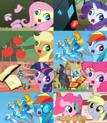 Size: 1000x1148 | Tagged: safe, applejack, blaze, derpy hooves, fire streak, fluttershy, misty fly, pinkie pie, rainbow dash, rarity, silver lining, silver zoom, smarty pants, soarin', spitfire, twilight sparkle, earth pony, parasprite, pegasus, pony, unicorn, applejack's hat, book, clothes, cowboy hat, derp, female, gem, goggles, golden ticket, hat, male, mare, muffin, open mouth, rainbow derp, smiling, stallion, stetson, tree, underp, uniform, wat, wonderbolts, wonderbolts uniform, wrong eye color