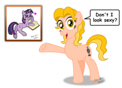 Size: 1024x738 | Tagged: safe, artist:aleximusprime, twilight sparkle, earth pony, pony, unicorn, g4, book, comic sans, duo, female, glasses, heart, mare, pointing, ponified, prone, simple background, tara strong, transparent background, unicorn twilight