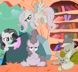 Size: 671x623 | Tagged: safe, screencap, applejack, fluttershy, pinkie pie, rarity, tom, earth pony, pegasus, pony, unicorn, g4, season 2, the return of harmony, animated, applejack's hat, arm behind head, behaving like a cat, bookshelf, bullying, cowboy hat, cropped, crossed arms, crossed legs, cruel smile, discorded, don't care, eyes closed, female, flapping, flutterbitch, flying, frown, gif, glare, golden oaks library, greedity, indifferent, liarjack, mare, meanie pie, narrowed eyes, polishing, ponytail, pouting, smiling, smirk, stetson, tied tail