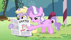 Size: 720x405 | Tagged: safe, screencap, diamond tiara, dinky hooves, earth pony, pony, unicorn, g4, ponyville confidential, season 2, animated, derp, duo, duo female, female, filly, gif, newspaper, written equestrian