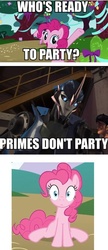 Size: 254x590 | Tagged: safe, edit, edited screencap, screencap, pinkie pie, earth pony, pony, g4, arcee, crossover, female, image macro, jack darby, mare, meme, sitting, transformers, transformers prime