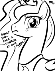 Size: 1041x1347 | Tagged: safe, artist:megasweet, princess luna, alicorn, pony, g4, blushing, bust, female, frown, horn, jewelry, mare, monochrome, portrait, regalia, solo, tiara, ye olde butcherede englishe