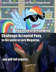 Size: 588x746 | Tagged: safe, edit, edited screencap, screencap, rainbow dash, pegasus, pony, g4, crossover, dreadwing, female, image macro, mare, meme, roflbot, sunglasses, transformers, transformers prime