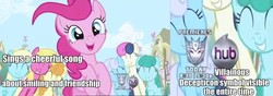 Size: 957x335 | Tagged: safe, edit, edited screencap, screencap, bon bon, carrot top, golden harvest, linky, pinkie pie, shoeshine, spring melody, sprinkle medley, sweetie drops, earth pony, pony, a friend in deed, g4, season 2, crossover, decepticon, female, hub logo, image macro, mare, meme, smile song, television logo joke, transformers