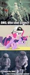 Size: 395x988 | Tagged: safe, edit, edited screencap, screencap, pinkie pie, twilight sparkle, earth pony, pony, unicorn, g4, crossover, female, helmet, image macro, mare, meme, star wars, stormtrooper, twigun