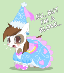 Size: 680x768 | Tagged: safe, artist:oken, pipsqueak, earth pony, pony, g4, blush sticker, blushing, clothes, colt, crossdressing, cute, dress, earring, foal, froufrou glittery lacy outfit, humiliation, humility, male, scared, shy, solo, teary eyes