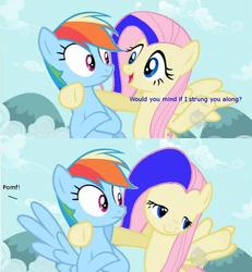 Size: 766x830 | Tagged: safe, edit, edited screencap, screencap, fluttershy, rainbow dash, pegasus, pony, g4, may the best pet win, female, flirting, imagin friends, kamen rider, kamen rider den-o, mare, pomf, possessed, spread wings, urataros, wingboner, wings