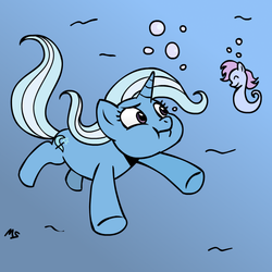 Size: 945x945 | Tagged: safe, artist:megasweet, artist:pacce, trixie, pony, sea pony, unicorn, g4, bubble, female, holding breath, mare, swimming, underwater