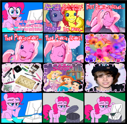 Size: 1024x1000 | Tagged: safe, artist:terry, fiesta flair, pinkie pie, pinkie pie (g3), tink-a-tink-a-too, earth pony, human, pony, g1, g3, g4, pinkie pie and the ladybug jamboree, bag, cinderella, comic, computer, cute, diapinkes, disney, disney princess, eyes closed, female, fiestabetes, flower, frown, g3 diapinkes, g3 hate, hate, indoors, justin bieber, lipstick, makeup, male, mare, one eye closed, open mouth, open smile, outdoors, pinkie squink, princess, princess ariel, smiling, snow white, talking, the little mermaid, tinkadorable, trash can, wink