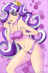 Size: 900x1350 | Tagged: dead source, safe, artist:justicebustedus, screwball, human, g4, abstract background, belly button, bikini, breasts, busty screwball, clothes, female, humanized, purple swimsuit, solo, swimsuit