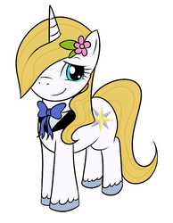 Size: 700x900 | Tagged: safe, artist:kloudmutt, prince blueblood, pony, unicorn, g4, female, flower, flower in hair, hair over one eye, mare, princess bluebelle, rule 63, simple background, smiling, solo, white background