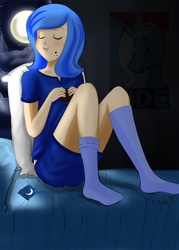 Size: 825x1155 | Tagged: safe, artist:kprovido, princess luna, human, g4, bed, clothes, eyes closed, female, hope poster, humanized, moon, moon pies, night, s1 luna, sitting, socks, solo