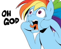 Size: 640x512 | Tagged: safe, artist:elslowmo, rainbow dash, pegasus, pony, g4, female, mare, oh god, reaction image, shocked, simple background, solo, tongue out, transparent background