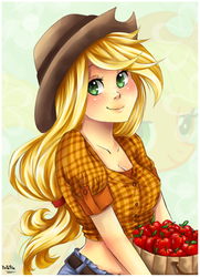 Size: 370x510 | Tagged: safe, artist:nataliadsw, applejack, earth pony, human, pony, g4, apple, female, food, humanized, looking at you, mare, midriff, smiling, solo
